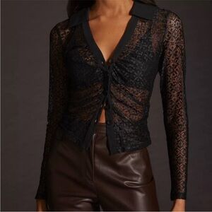 Anthropologie Maeve Black Sheer Lace Long Sleeve Collared Button Down Top Blouse